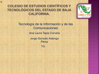 Tecnología de la Información y de las
Comunicaciones
Ana Laura Tapia Corvera
Jorge Gonzalo Astengo
Pérez
1G
 