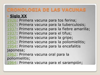 CRONOLOGIA DE LAS VACUNAS
 Siglo XX
1926: Primera    vacuna   para   tos ferina;
1927: Primera    vacuna   para   la tuberculosis;
1937: Primera    vacuna   para   la fiebre amarilla;
1937: Primera    vacuna   para   el tifus;
1945: Primera    vacuna   para   la gripe;
1952: Primera    vacuna   para   la poliomielitis;
1954: Primera    vacuna   para   la encefalitis
japonesa;
1962: Primera    vacuna oral para la
poliomielitis;
1964: Primera    vacuna para el sarampión;
 