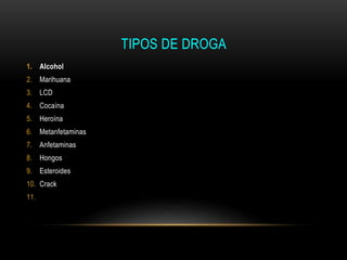 1. Alcohol
2. Marihuana
3. LCD
4. Cocaína
5. Heroína
6. Metanfetaminas
7. Anfetaminas
8. Hongos
9. Esteroides
10. Crack
11.
TIPOS DE DROGA
 