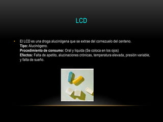 LCD
• El LCD es una droga alucinógena que se extrae del cornezuelo del centeno.
Tipo: Alucinógeno.
Procedimiento de consumo: Oral y liquida (Se coloca en los ojos)
Efectos: Falta de apetito, alucinaciones crónicas, temperatura elevada, presión variable,
y falta de sueño.
 