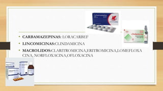 • CARBAMAZEPINAS: LORACARBEF
• LINCOMICINAS:CLINDAMICINA
• MACROLIDOS:CLARITROMICINA,ERITROMICINA,LOMEFLOXA
CINA, NORFLOXACINA,OFLOXACINA
 