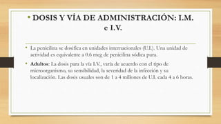 • DOSIS Y VÍA DE ADMINISTRACIÓN: I.M.
e I.V.
• La penicilina se dosifica en unidades internacionales (U.I.). Una unidad de
actividad es equivalente a 0.6 mcg de penicilina sódica pura.
• Adultos: La dosis para la vía I.V., varía de acuerdo con el tipo de
microorganismo, su sensibilidad, la severidad de la infección y su
localización. Las dosis usuales son de 1 a 4 millones de U.I. cada 4 a 6 horas.
 