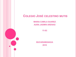 COLEGIO JOSÉ CELESTINO MUTIS
      MARIA CAMILA SUAREZ
      AURA JASMIN ARENAS


             11-03




        BUCARAMANAGA
             2010
 