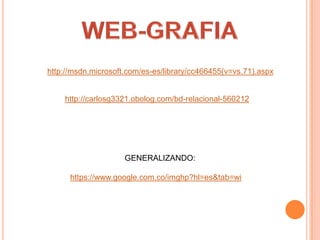 http://msdn.microsoft.com/es-es/library/cc466455(v=vs.71).aspx


    http://carlosg3321.obolog.com/bd-relacional-560212




                     GENERALIZANDO:

      https://www.google.com.co/imghp?hl=es&tab=wi
 