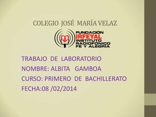 COLEGIO JOSÉ MARÍA VELAZ

TRABAJO DE LABORATORIO
NOMBRE: ALBITA GAMBOA
CURSO: PRIMERO DE BACHILLERATO
FECHA:08 /02/2014

 
