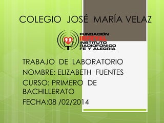 COLEGIO JOSÉ MARÍA VELAZ

TRABAJO DE LABORATORIO
NOMBRE: ELIZABETH FUENTES
CURSO: PRIMERO DE
BACHILLERATO
FECHA:08 /02/2014

 