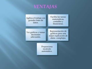 VENTAJAS

                          Facilita las tareas
Agiliza el trabajo con
                            matemáticas,
  grandes lotes de
                             contables y
        datos.
                            financieras.


                          Representación de
Ver gráficos y tomar
                          gráficos para una
     decisiones
                         mejor explicación de
    adecuadas.
                          datos complejos.



                 Proporciona
                  recalculo
                 automático.
 