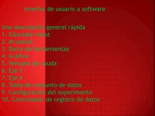 Interfaz de usuario a software 
Una descripción general rápida 
1. Educador robot 
2. Mi portal 
3. Barra de herramientas 
4. Gráfico 
5. Ventana de ayuda 
6. Eje Y 
7. Eje X 
8. Tabla de conjunto de datos 
9. Configuración del experimento 
10. Controlador de registro de datos 
 