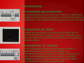 Herramientas 
Herramientas de predicción 
Realiza predicciones de lo que ocurrirá al realizar el experimento 
utilizando las herramientas de predicción. Utiliza el lápiz para trazar 
una predicción o una fórmula predictiva para crear una línea recta. 
Recopilación de datos 
Los datos del experimento se recopilan en el ladrillo NXT al 
hacer clic en Descargar y ejecutar. Los datos se guardan en un 
archivo de registro y se muestran en el Gráfico y en la Tabla de 
conjunto de datos. 
Herramientas de análisis 
Una vez recopilados los datos, analiza puntos sencillos o 
rangos utilizando las herramientas de análisis. Las 
herramientas de análisis muestran el mínimo, el máximo y la 
media. Las herramientas de análisis también te permiten 
comprobar el ajuste lineal de cualquier conjunto de datos 
sobre el Gráfico, incluyendo las predicciones. 
 