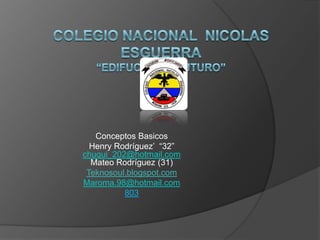 Conceptos Basicos
  Henry Rodríguez’ “32”
chuqui_202@hotmail.com
  Mateo Rodríguez (31)
 Teknosoul.blogspot.com
Maroma.98@hotmail.com
          803
 
