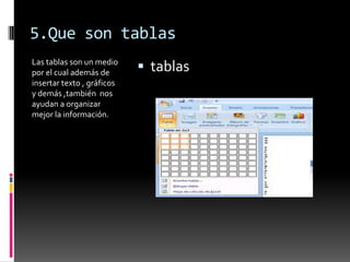 5.Que son tablas
Las tablas son un medio
por el cual además de        tablas
insertar texto , gráficos
y demás ,también nos
ayudan a organizar
mejor la información.
 