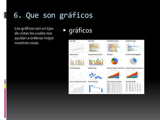 6. Que son gráficos
Los gráficos son un tipo
de vistas los cuales nos    gráficos
ayudan a ordenar mejor
nuestras cosas
 
