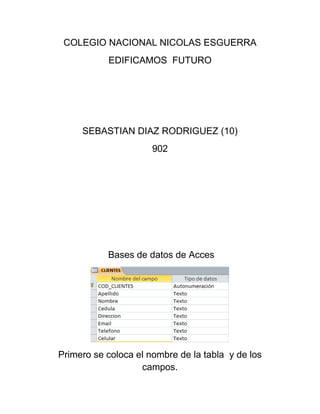 COLEGIO NACIONAL NICOLAS ESGUERRA
EDIFICAMOS FUTURO
SEBASTIAN DIAZ RODRIGUEZ (10)
902
Bases de datos de Acces
Primero se coloca el nombre de la tabla y de los
campos.
 