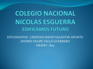 ESTUDIANTES : CRISTIAN DAVID VALENTIN APONTE 
ANDRES FELIPE VALLE GUERRERO 
GRADO : 803 
 