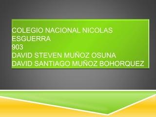 COLEGIO NACIONAL NICOLAS
ESGUERRA
903
DAVID STEVEN MUÑOZ OSUNA
DAVID SANTIAGO MUÑOZ BOHORQUEZ
 