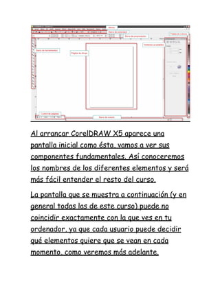 Al arrancar CorelDRAW X5 aparece una
pantalla inicial como ésta, vamos a ver sus
componentes fundamentales. Así conoceremos
los nombres de los diferentes elementos y será
más fácil entender el resto del curso.

La pantalla que se muestra a continuación (y en
general todas las de este curso) puede no
coincidir exactamente con la que ves en tu
ordenador, ya que cada usuario puede decidir
qué elementos quiere que se vean en cada
momento, como veremos más adelante.
 