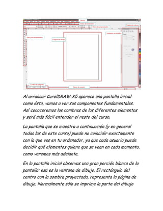 Al arrancar CorelDRAW X5 aparece una pantalla inicial
como ésta, vamos a ver sus componentes fundamentales.
Así conoceremos los nombres de los diferentes elementos
y será más fácil entender el resto del curso.

La pantalla que se muestra a continuación (y en general
todas las de este curso) puede no coincidir exactamente
con la que ves en tu ordenador, ya que cada usuario puede
decidir qué elementos quiere que se vean en cada momento,
como veremos más adelante.

En la pantalla inicial observas una gran porción blanca de la
pantalla: esa es la ventana de dibujo. El rectángulo del
centro con la sombra proyectada, representa la página de
dibujo. Normalmente sólo se imprime la parte del dibujo
 