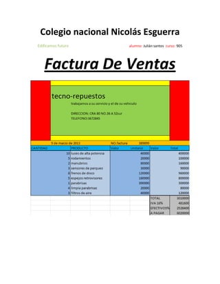 Colegio nacional Nicolás Esguerra
Edificamos futuro alumno: Julián santos curso: 905
Factura De Ventas
 