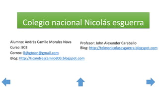 Colegio nacional Nicolás esguerra
Alumno: Andrés Camilo Morales Nova
Profesor: John Alexander Caraballo
Curso: 803
Blog: http://teknonicolasesguerra.blogspot.com
Correo: lkjhgtoon@gmail.com
Blog: http://ticandrescamilo803.blogspot.com

 