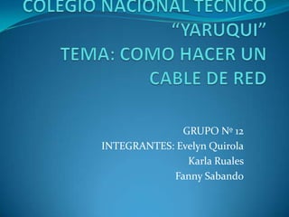 GRUPO Nº 12
INTEGRANTES: Evelyn Quirola
               Karla Ruales
            Fanny Sabando
 