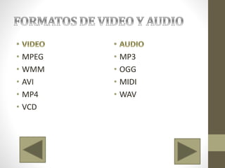 • MPEG
• WMM
• AVI
• MP4
• VCD
• MP3
• OGG
• MIDI
• WAV
 