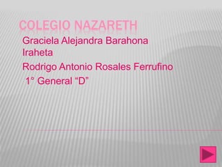 COLEGIO NAZARETH
Graciela Alejandra Barahona
Iraheta
Rodrigo Antonio Rosales Ferrufino
1° General “D”
 