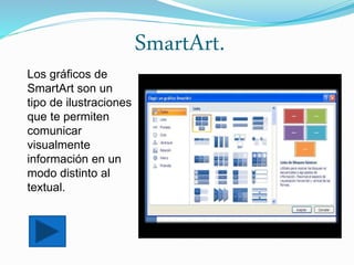 SmartArt.
Los gráficos de
SmartArt son un
tipo de ilustraciones
que te permiten
comunicar
visualmente
información en un
modo distinto al
textual.
 