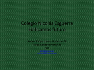 Colegio Nicolás Esguerra
   Edificamos futuro

  Andrés Felipe torres Gutierrez 36
     Felipe Sandoval varón 35
                 802
            john@gotmail.com
          monitor802@gotmail.com
 