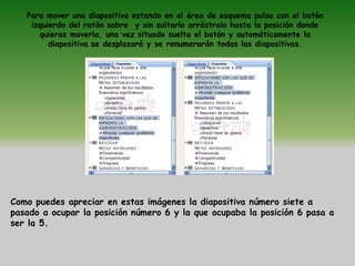 Para mover una diapositiva estando en el área de esquema pulsa con el botón
    izquierdo del ratón sobre y sin soltarlo arrástralo hasta la posición donde
      quieras moverla, una vez situado suelta el botón y automáticamente la
         diapositiva se desplazará y se renumerarán todas las diapositivas.




Como puedes apreciar en estas imágenes la diapositiva número siete a
pasado a ocupar la posición número 6 y la que ocupaba la posición 6 pasa a
ser la 5.
 