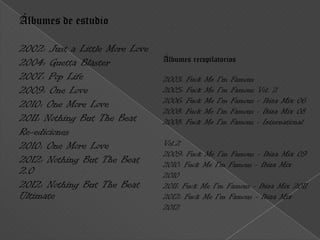 Álbumes de estudio

2002: Just a Little More Love
2004: Guetta Blaster            Álbumes recopilatorios

2007: Pop Life                  2003: Fuck Me I'm Famous
2009: One Love                  2005: Fuck Me I'm Famous Vol. 2
2010: One More Love             2006: Fuck Me I'm Famous - Ibiza Mix 06
                                2008: Fuck Me I'm Famous - Ibiza Mix 08
2011: Nothing But The Beat      2008: Fuck Me I'm Famous - International
Re-ediciones
2010: One More Love             Vol.2
                                2009: Fuck Me I'm Famous - Ibiza Mix 09
2012: Nothing But The Beat      2010: Fuck Me I'm Famous - Ibiza Mix
2.0                             2010
2012: Nothing But The Beat      2011: Fuck Me I'm Famous - Ibiza Mix 2011
Ultimate                        2012: Fuck Me I'm Famous - Ibiza Mix
                                2012
 