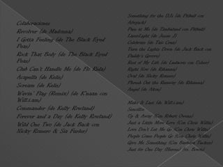 Something for the DJs (de Pitbull con
Colaboraciones                         Afrojack)
Revolver (de Madonna)                  Pass at Me (de Timbaland con Pitbull)
                                       LaserLight (de Jessie J)
I Gotta Feeling (de The Black Eyed     Celebrate (de Taio Cruz)
Peas)                                  Turn the Lights Down (de Jack Back con
Rock That Body (de The Black Eyed      Daddy's Groove)
Peas)                                  Rest of My Life (de Ludacris con Usher)
Club Can't Handle Me (de Flo Rida)     Right Now (de Rihanna)
Acapella (de Kelis)                    Oval (de Nicky Romero)
                                       Phresh Out the Runway (de Rihanna)
Scream (de Kelis)
                                       Angel (de Akon)
Wavin' Flag (Remix) (de K'naan con
Will.i.am)                             Make It Last (de Will.i.am)
Commander (de Kelly Rowland)           Sencillos
Forever and a Day (de Kelly Rowland)   Up & Away (Con Robert Owens)
Wild One Two (de Jack Back con         Just a Little More Love (Con Chris Willis)
Nicky Romero & Sia Furler)             Love Don't Let Me Go (Con Chris Willis)
                                       People Come People Go (Con Chris Willis)
                                       Give Me Something (Con Barbara Tucker)
                                       Just for One Day (Heroes) (vs. Bowie)
 