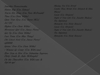 Sencillos Promocionales                    Missing You (Con Novel)
Nation Rap (Con Sidney)                    Louder Than Words (Con Afrojack & Niles
                                           Mason)
You're Not Alone (Con Tara McDonald)
                                           Lunar (Con Afrojack)
Time (Con Chris Willis)                    Night of Your Life (Con Jennifer Hudson)
Open Your Eyes (Con Stereo MCs)            The Alphabeat
AC/DC                                      Metropolis (Con Nicky Romero)
Higher (Con Chris Willis)                  Lunar (Con Afrojack)
Movement Girl (Con James Perry)            Night of Your Life (Con Jennifer Hudson)
Get Up (Con Chris Willis)                  The Alphabeat
Last Train (Con Miss Thing)                Metropolis (Con Nicky Romero)
Old School Acid (Con James Perry)
GRRRR
Gettin' Over (Con Chris Willis)
I Wanna Go Crazy (Con Will.i.am)
How Soon is Now (Con Sebastian Ingrosso,
Dirty South & Julie McKnight)
On the Dancefloor (Con Will.i.am &
Apl.de.ap)
 
