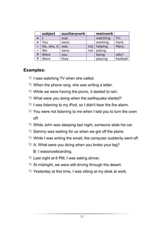 subject     auxiliaryverb     mainverb
      + I           was               watching         TV.
      + You         were              working          hard.
      - He, she, it was           not helping          Mary.
      - We          were          not joking.
      ? Were        you               being            silly?
      ? Were        they              playing          football


Examples:
    I was watching TV when she called.
    When the phone rang, she was writing a letter.
    While we were having the picnic, it started to rain.
    What were you doing when the earthquake started?
    I was listening to my iPod, so I didn't hear the fire alarm.
    You were not listening to me when I told you to turn the oven
    off.
    While John was sleeping last night, someone stole his car.
    Sammy was waiting for us when we got off the plane.
    While I was writing the email, the computer suddenly went off.
    A: What were you doing when you broke your leg?
    B: I wassnowboarding.
    Last night at 6 PM, I was eating dinner.
    At midnight, we were still driving through the desert.
    Yesterday at this time, I was sitting at my desk at work.




                                 11
 
