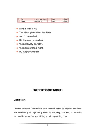 ? Do             I, you, we, they       like   coffee?
      Does           he, she, it            like   coffee?



     I live in New York.
     The Moon goes round the Earth.
     John drives a taxi.
     He does not drive a bus.
     WemeeteveryThursday.
     We do not work at night.
     Do youplayfootball?




                   PRESENT CONTINUOUS


Definition:


Use the Present Continuous with Normal Verbs to express the idea
that something is happening now, at this very moment. It can also
be used to show that something is not happening now.


                                        3
 