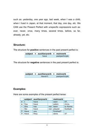such as: yesterday, one year ago, last week, when I was a child,
when I lived in Japan, at that moment, that day, one day, etc. We
CAN use the Present Perfect with unspecific expressions such as:
ever, never, once, many times, several times, before, so far,
already, yet, etc.



Structure:
The structure for positive sentences in the past present perfect is:
             subject + auxiliaryverb + mainverb
                           have        pastparticiple


The structure for negative sentences in the past present perfect is:




             subject + auxiliaryverb + mainverb
                          Haven’t      pastparticiple




Examples:

Here are some examples of the present perfect tense:

          subject    auxiliaryverb     mainverb
        + I          have              seen          ET.
        + You        have              eaten         mine.
        - She        has           not been          to Rome.
        - We         have          not played        football.
        ? Have       you               finished?
        ? Have       they              done          it?




                                  6
 