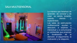 SALA MULTISENSORIAL
La manera que tenemos de
aprender, de conocer y de
crear es viendo, tocando,
oyendo, oliendo y
explorándolo.
Las salas de estimulación
multisensorial ayudan a
descubrir, a explorar, a
interactuar y a comunicarse
en ambientes que propician
la focalización de la
atención, el seguimiento, la
motivación y la relajación.
 