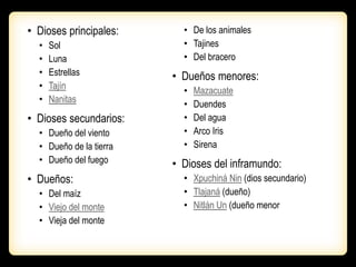 • Dioses principales:
• Sol
• Luna
• Estrellas
• Tajín
• Nanitas
• Dioses secundarios:
• Dueño del viento
• Dueño de la tierra
• Dueño del fuego
• Dueños:
• Del maíz
• Viejo del monte
• Vieja del monte
• De los animales
• Tajines
• Del bracero
• Dueños menores:
• Mazacuate
• Duendes
• Del agua
• Arco Iris
• Sirena
• Dioses del inframundo:
• Xpuchiná Nin (dios secundario)
• Tlajaná (dueño)
• Nitlán Un (dueño menor
 
