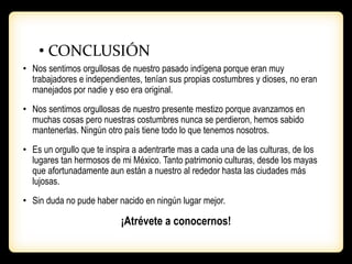 • CONCLUSIÓN
• Nos sentimos orgullosas de nuestro pasado indígena porque eran muy
trabajadores e independientes, tenían sus propias costumbres y dioses, no eran
manejados por nadie y eso era original.
• Nos sentimos orgullosas de nuestro presente mestizo porque avanzamos en
muchas cosas pero nuestras costumbres nunca se perdieron, hemos sabido
mantenerlas. Ningún otro país tiene todo lo que tenemos nosotros.
• Es un orgullo que te inspira a adentrarte mas a cada una de las culturas, de los
lugares tan hermosos de mi México. Tanto patrimonio culturas, desde los mayas
que afortunadamente aun están a nuestro al rededor hasta las ciudades más
lujosas.
• Sin duda no pude haber nacido en ningún lugar mejor.
¡Atrévete a conocernos!
 