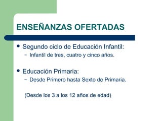 ENSEÑANZAS OFERTADAS
 Segundo ciclo de Educación Infantil:
– Infantil de tres, cuatro y cinco años.
 Educación Primaria:
– Desde Primero hasta Sexto de Primaria.
(Desde los 3 a los 12 años de edad)
 