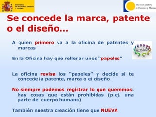 Se concede la marca, patente
o el diseño…
A quien primero va a la oficina de patentes y
marcas
En la Oficina hay que rellenar unos “papeles”
La oficina revisa los “papeles” y decide si te
concede la patente, marca o el diseño
No siempre podemos registrar lo que queremos:
hay cosas que están prohibidas (p.ej. una
parte del cuerpo humano)
También nuestra creación tiene que NUEVA
 