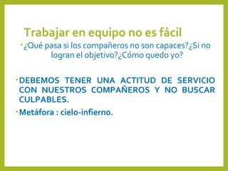 Trabajar en equipo no es fácil
•¿Qué pasa si los compañeros no son capaces?¿Si no
logran el objetivo?¿Cómo quedo yo?
•DEBEMOS TENER UNA ACTITUD DE SERVICIO
CON NUESTROS COMPAÑEROS Y NO BUSCAR
CULPABLES.
•Metáfora : cielo-infierno.
 