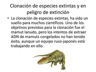 Clonación de especies extintas y en
        peligro de extinción
• La clonación de especies extintas, ha sido un
  sueño para muchos científicos. Uno de los
  objetivos previstos para la clonación fue el
  mamut lanudo, pero los intentos de extraer
  ADN de mamuts congelados no han tenido
  éxito, aunque un equipo ruso-japonés está
  trabajando en ello.
 
