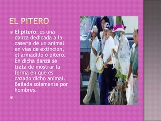    El pitero: es una
    danza dedicada a la
    casería de un animal
    en vías de extinción,
    el armadillo o pitero.
    En dicha danza se
    trata de mostrar la
    forma en que es
    cazado dicho animal.
    Bailada solamente por
    hombres.

 