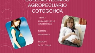 COLEGIO TÉCNICO
AGROPECUARIO
COTOGCHOA
TEMA :
EMBARAZOS EN LA
ADOLESCENCIA
NOMBRE :

SARA SHIGUI
CREADO :
24 / 01 / 2014

 