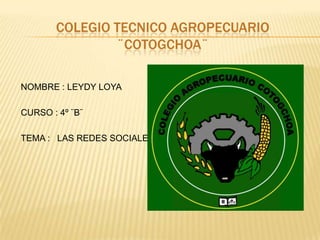COLEGIO TECNICO AGROPECUARIO
¨COTOGCHOA¨
NOMBRE : LEYDY LOYA
CURSO : 4º ¨B¨

TEMA : LAS REDES SOCIALES

 