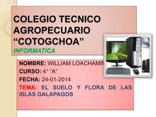 COLEGIO TECNICO
AGROPECUARIO
“COTOGCHOA”
INFORMATICA
NOMBRE: WILLIAM LOACHAMIN
CURSO: 4° “A”
FECHA: 24-01-2014
TEMA: EL SUELO Y FLORA DE LAS
ISLAS GALAPAGOS

 