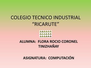 COLEGIO TECNICO INDUSTRIAL
        “RICARUTE”


   ALUMNA: FLORA ROCIO CORONEL
           TINIZHAÑAY

    ASIGNATURA: COMPUTACIÓN
 