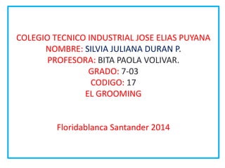 COLEGIO TECNICO INDUSTRIAL JOSE ELIAS PUYANA
NOMBRE: SILVIA JULIANA DURAN P.
PROFESORA: BITA PAOLA VOLIVAR.
GRADO: 7-03
CODIGO: 17
EL GROOMING
Floridablanca Santander 2014
 