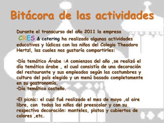 Bitácora de las actividadesDurante el transcurso del año 2011 la empresaCRES& catering ha realizado algunas actividades educativas y lúdicas con los niños del Colegio Theodoro Hertzl, las cuales nos gustaría compartirles:Día temático Árabe :A comienzos del año ,se realizó el día temático árabe , el cual consistía de una decoración del restaurante y sus empleados según las costumbres y cultura del país elegido y un menú basado completamente en su gastronomía.