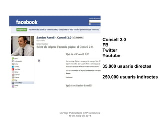 Col·legi Publicitaris i RP Catalunya 19 de maig de 2011 Consell 2.0 FB Twitter Youtube 35.000 usuaris directes 250.000 usuaris indirectes 